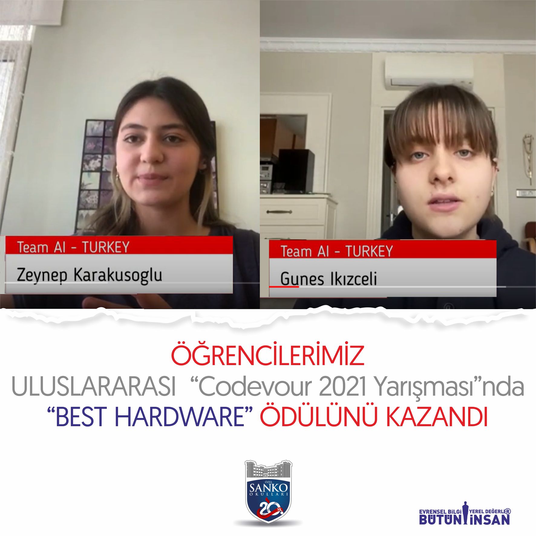 SANKO Okulları öğlencilerinin, “Yapay Zekâ Destekli Temassız Akıllı Otomat” projesi “Codevour 2021 Yarışması”nda “Best Hardware” ödül..